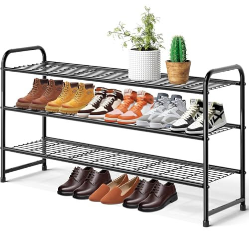 MISSLO Schuhregal 3 Ebenen Langes für Kleiderschrank, Metall Schuhablage, Breites Stapelbar Schuhorganizer mit Stabilen Drahtgitter für Schlafzimmer, Schwarz