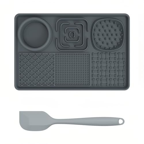 Lick Mat for Dogs, 3 in 1 Premium Dog Lick Mat, Slow Feeder Dog Bowls Silicone Feeding Mat for Peanut Butter Yogurt Lick Pad for Puppy Cat Pets Bathing Grooming Training Mat (Grey)