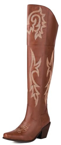 MJIASIAWA Donna Tacco A Blocco Sopra Il Ginocchio Western Stivali Western Esteriore Appuntito Vintage Riding Thigh Lungo Boots Marrone Numero 41 EU/43 Asiatico