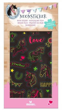 moses. Pferde Neonsticker, 27 Pferdesticker in Neon-Farben, Fensteraufkleber mit Pferden, Ponys, Symbolen und Sprüchen für Pferde-Fans, Wiederverwendbare Sticker für Scheiben, Glastüren oder Spiegel