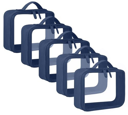 ANRUI Lot de 5 Trousse de Toilette Transparente, Sac de Cosmétiques Trousse Transparente Voyage pour Femme Homme, TSA Sac de Toilette Avion pour Le Transport de Liquides, Marine