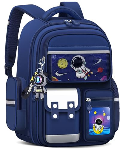 Amythe Schulranzen Jungen, Kinderrucksack Große mit Süßem Anhänger, Schultasche für Jungen 2. bis 5.Klasse, Rucksack Kinder für die Schule oder Reisen mit Mehreren Fächern, Blau