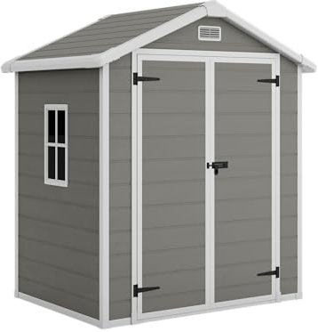 STEELSØN Novara Gerätehaus aus Kunststoff - Geräteschuppen wasserdicht, wetterbeständing - Gartenhaus Satteldach, Aluminiumrahmen - Gartengerätehalter in Grau Außenmaß 182x134x210 cm