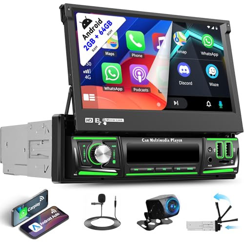 2+64G Android 13 Car Stereo Single Din Wireless CarPlay Android Auto Car Radio 1 Din 7 Inch Flip Out Touch Screen Bluetooth GPS WiFi FM/RDS Car Radio 2 USB/AUX/TF Mirror Link SWC + Backup Camera Mic