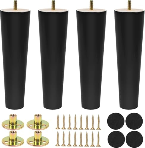 Qodiacl 4 Stück Möbelfüße Holz 20cm Holzfüße für Möbel Eichenholz Schrankfüße Sofafüße Möbelbeine Rund Holzbeine für Couchtisch Bett Kommode Stuhl Couch Tisch Schrank Sofa Beine, Schwarz