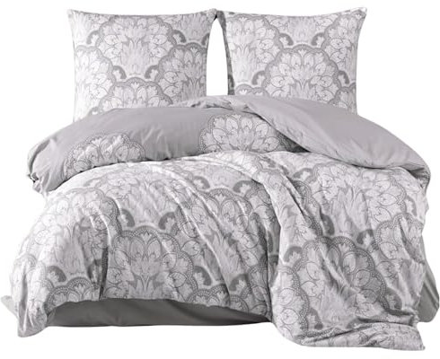 ZIRVEHOME Bettwäsche-Set 200x220 cm dreiteilig Baumwolle Bettbezug Grau Barockstill weiß geblümt. TabulaV1