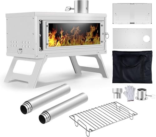 WUDLEP Camping Tent Stove, Lightweight Camping Wood Stoves, Portable Wood Burning Stoves with Chimney, Carry Bag and Ash Grate for Outdoor Camping, Hunting, Cooking