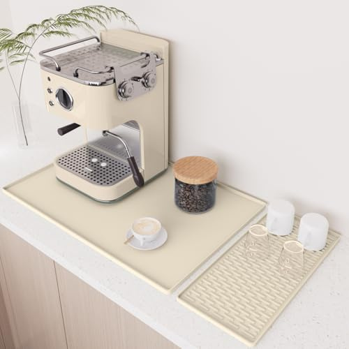 Large Coffee Machines Silicone Mat Waterproof Pad with Detachable Dish Drying Mat,Non-Slip Raised Edges Design,40*60 Foldable Coffee Machine Mat for Kitchen Counter,White