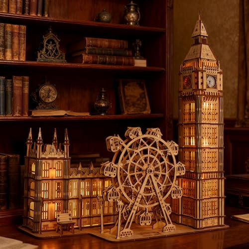 3D Puzzle Holz Erwachsene, London Eye Big Ben Modellbau mit Echter, DIY 3D Holzpuzzle für Erwachsene Geschenke für Deko Wohnzimmer, Geschenk für Männer & Frauen