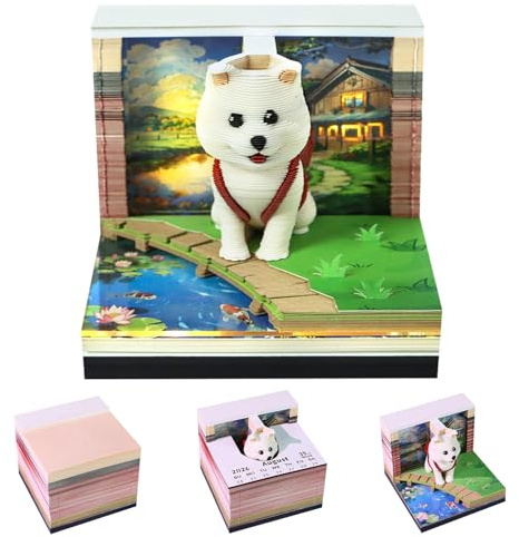 3D-Zeitmess-Kalender 2026, süßer weißer Hund, 52-Wochen-Kalender 2026, 3D-Abreißkalender für Zimmer, Büro, Tischdekoration, Geschenk