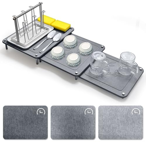 3 Stück Niststein Abtropfmatte, Wasserabsorbierend Abtropfmatte Geschirr, Quick Dry Stone Mat Kitchen mit rutschfesten Füßen, Umweltfreundliche Kieselgurmatte für Geschirr, Flaschen, Tassen-Grau