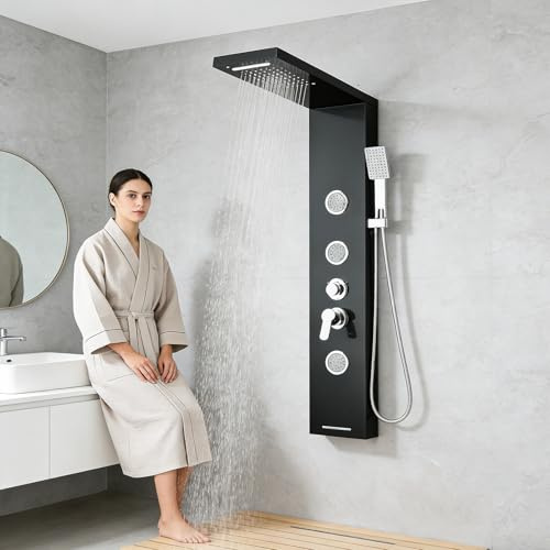 HARNART Duschpaneel-System mit 5 Modi, LED-Duschpaneel, 3 Massagedüsen, Badewannenauslauf, Handbrause mit Schlauch 1,5 m, Duschset, Schwarz