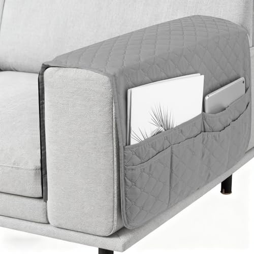 Srvillg Armchair Arm Cover, 1pc Non Slip Sofa Arm Rest Cover with Pockets, Light Grey Armrest Chair Covers for Sofa Couch, Armchair, Recliner Chair (Style 2(Light Grey))