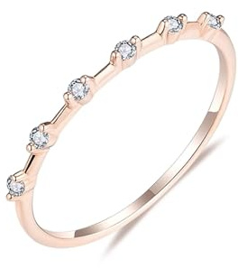Ringe Rosegold für Damen Set 9K, Ringe Damen Gestapelter Einfacher Dünner Ring mit Rundem Diamanten 0,07 Ct Größe 45 (14.3)