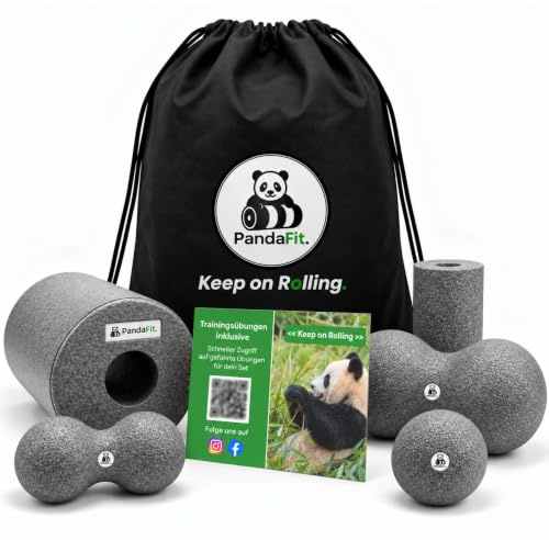 PandaFit Faszienrollen Set 5-teilig mit Turnbeutel, für Rücken und Wirbelsäule, Faszienrolle 30x15 cm, 2 x Duoball, Minirolle, Faszienball, Massage-Set zur Regeneration, EPP Hartschaum