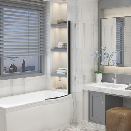 Aquariss Black 715x1400mm Pivot Curved P Shaped Bath Screen Panel | Toughened Safety Glass, Easy Clean Glass, Aluminum Frame, Reversible, Wall Adjustment, Bottom Seal Strips, Easy to Install