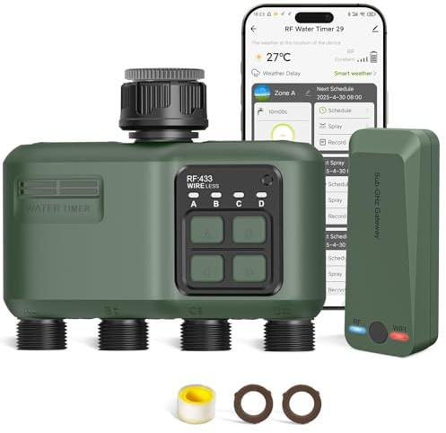 Shrivee Programador de Riego WiFi+RF433 4 Salidas Automatico y en Poco Tiempo Flexible Temporizador con Riego Retrasado por Lluvia para Mangueras Jardin
