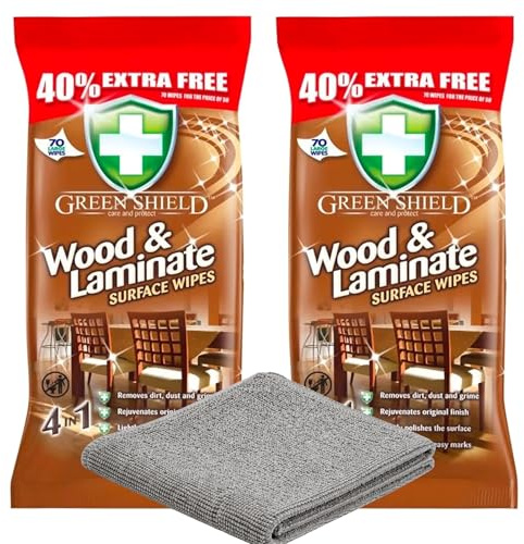 3pk Bundle Of Greenshield Wood & Laminate Floor Wipes 70 Pack (Pack of 2) + Microfibre Buffing Cloth – 4 in 1 Cleaning, Polishing & Streak-Free Shine for Wood Floors & Surfaces