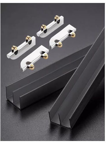 NURUGURE Schwarzes Schiebetürschienen-Set für 5-8 mm Glasscheiben, Aluminium-Doppelschiene mit Rollen für Schränke