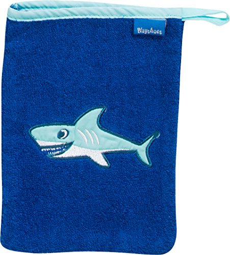 Playshoes Unisex Kinder Frottee-Waschhandschuh Gant de Toilette en Tissu éponge Motif Requin, 7-Blau Hai, 15x20 cm