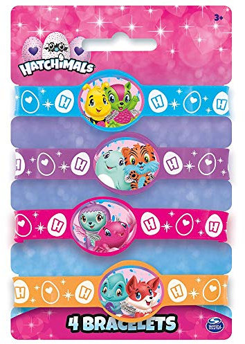 Unique- Rubber Assorted Pcs. Lot de 4 Bracelets en Caoutchouc Assortis Hatchinimals, 59323, Assortiment de Couleurs : Bleu, Orange, Rose, Violet