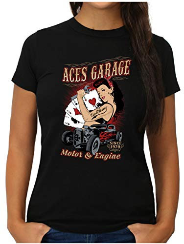 OM3® T-shirt Ace Garage | Femme | Moteur Engine Power Hod Rod Amercian Cars | S – XXL, Noir , M