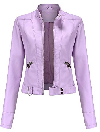 YFFUSHI Veste en Cuir Faux pour Femme à Col Montant Courte et à Manches Longues avec Fermeture Éclair - Style Moto Biker Violet Clair L