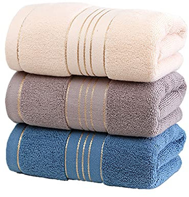 Proumhang Serviettes en coton,Lot Serviette de Bain(3 pièces),serviettes ultra douces, très absorbantes et à séchage rapide pour salle de bain, serviette de douche,35 x 75cm,Beige + Bleu + Gris