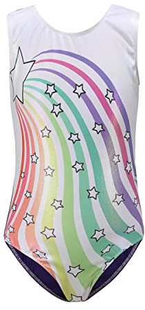 Mädchen Kinder Gymnastikanzug Turnbody Ärmellos Turnanzug Gymnastik Trikot Glänzende Turnanzug Ballettbody Ballett Tanzbekleidung Tanzbody Sporttrikot Tanztrikot Trikotanzug Bunt + Stern 7-8 Jahre