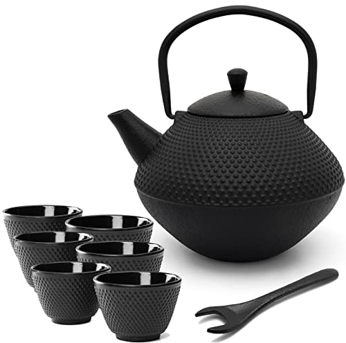 Bredemeijer Teekanne Set Gusseisen 1.0 Liter - mit Edelstahl Tee-Filter Sieb-Einsatz - 6 Teebecher (Tassen) & Deckelheber - traditionelles 8-teiliges Teeset für losen Tee