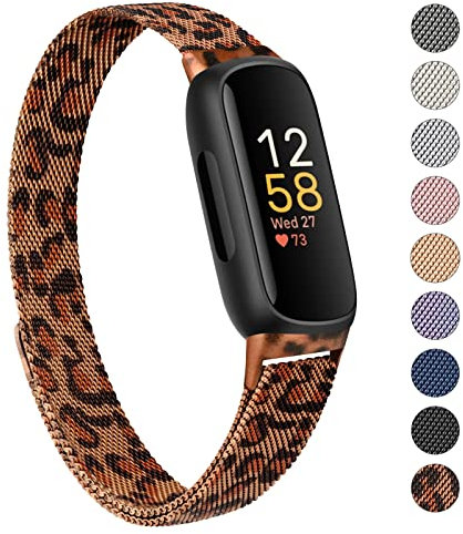 Oumida Armband Kompatibel mit Fitbit Inspire 3 Armband für Damen Herren, Prämie Edelstahl Metall Ersatzarmband mit Starker Magnet Uhrenarmbänder für Fitbit Inspire 3, Leopard