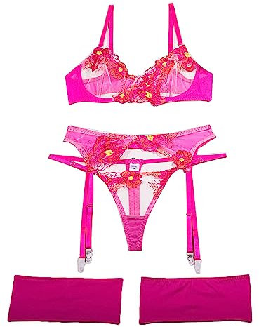Aranmei Conjunto de lencería para mujer, conjunto de lencería de 4 piezas con encaje bordado floral, brasier transparente con aros con tanga y liguero, Rosa Oscuro, L