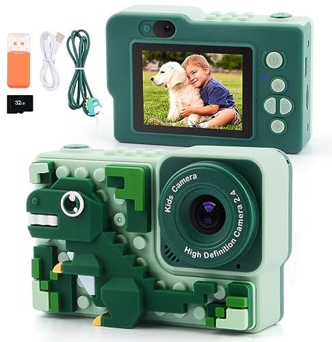 Kinderkamera, Kamera Kinder, Kindertag Schulanfang Geburtstag Geschenke für Jungen 3 4 5 6 8 7 9 10 11 12 Jahre, 32GB 1080P HD Digitalkamera, Jungen Fotoapparat, Fotokamera Dinosaurier Kinderspielzeug