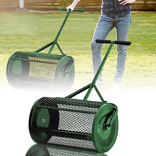 ROGHA Kompoststreuer Rasenstreuer Streuwagen mit T-Griff & Metallnetzkorb Gartenstreuer Rasendünger Handstreuer Komposter Metall Düngerstreuer für Rasen und Garten,15.7 * 24in-Green