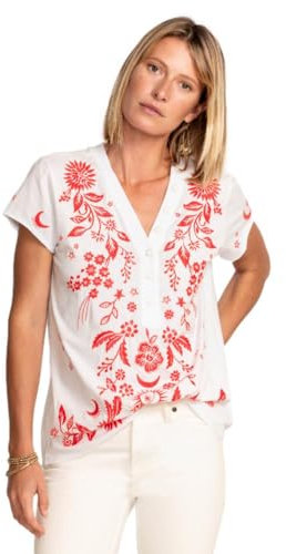 Johnny Was Oleander Damen Strick-T-Shirt mit Knopfleiste, Weiß, Weiss/opulenter Garten, Klein