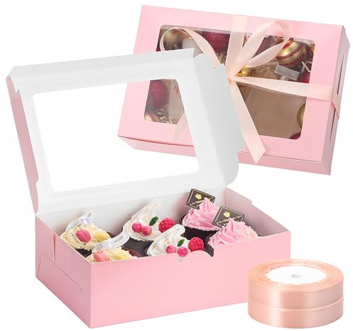 TsunNee 20 Stück Cupcake Boxen 6 Löcher Kuchenboxen mit Einsätze, Papier Cupcake Träger, Papier-Bäckerei-Boxen für Weihnachten Geburtstag Babyparty Hochzeit (Rosa, 23,5 x 16 x 7,5cm)