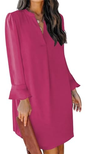 JOCAFIYE Damen V-Ausschnitt Rüschen Hemdkleid Einfarbige Casual Langarm Einfarbig Kleid Rose XXL