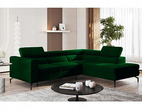 Easy Sofas and Wardrobes Bottle Green Balsta Corner L Shaped Sofa – 264 x 73 x 203 cm – Sofabed Sleeping Function – Day Bed - Corner couch with storage - Fabric: Monolith 37