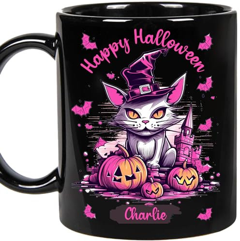 Tasse à café personnalisée en céramique, cadeau d'Halloween pour elle, tasse à café en céramique, tasse à chat noir sorcière (octobre rose)