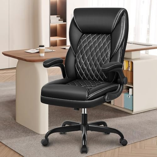 BestEra Chefsessel Bürostuhl, große und hohe Leder Ergonomische Bürostuhl hohe zurück Home Office Schreibtischstühle mit klappbaren Armen und Lendenwirbelstütze Drehstuhl mit Rocking Funktion schwarz