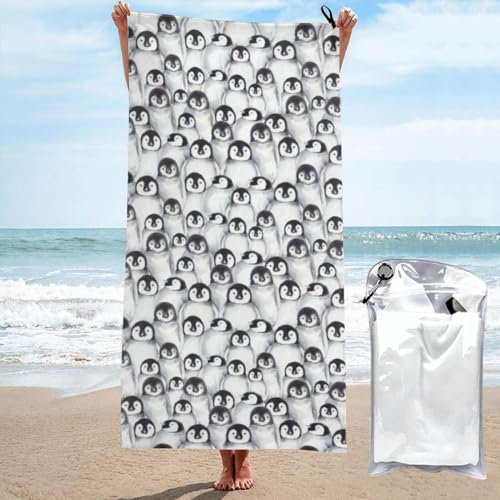 OPSREY Nette Baby Pinguine Skizze gedruckt Mikrofaser Badetuch Schnell Trocken Strandtuch Saugfähig Gym Handtuch mit Tragetasche