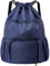 FAVORTALK Girls Drawstring Bag Waterproof Drawstring Gym Bag with Shoe Compartment Unisex Swimming Bag with Bottle Holder Personalised Large String Bags with Zipper Pocket, Dark Blue 17610