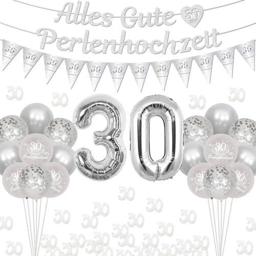 Cheereveal Perlenhochzeit Dekoration, Alles Gute zum 30. Hochzeitstag Banner, Silber Nummer 30 Folienballons, Tisch 30 Konfetti, Wimpel Flagge, Glückliche 30 Perlenhochzeit Partybedarf Deko für Paar