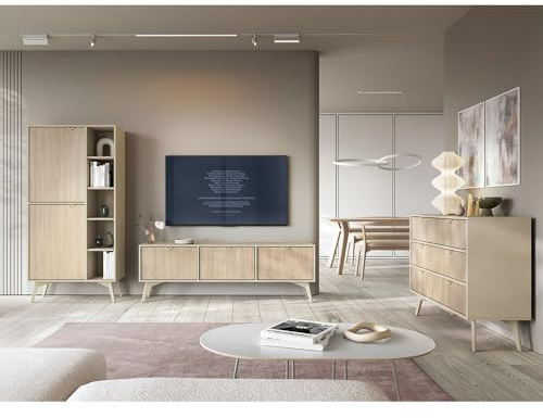 Wohnmöbel Set Wohnwand beige, Front mit Fischgrätenmuster, 3-teilig, 1 Lowboard, 1 Regal, 1 Kommode