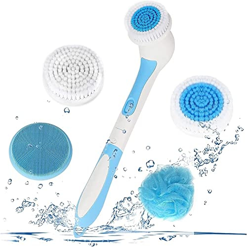 GeRRiT Electric Bath Brush Set, Waterproof Silicone Body Brush with 4 Spin Brush Heads, Shower Brush for Facial Bath Scrubber Exfoliating SPA, Back Brush Long Handle for Shower Women Men