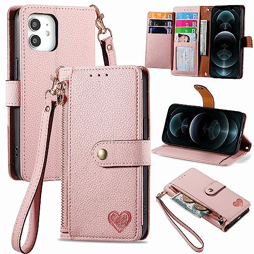 VEEMOS Zipper Wallet Case for Apple iPhone 12 Mini Phone Case with Purse Card Holders RFID Blocking Leather Flip Case Book Cover Wrist Strap Women - Pink