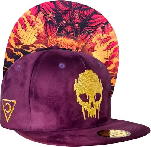 Capiche [99+ Variationen] Demon Wildleder-Snapback-Kappe – tiefviolette Mütze mit goldgesticktem Totenkopf-Logo, feuriges grafisches Untervisier, verstellbare Streetwear-Mütze für mutige Mode