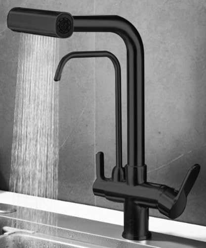 KINKIBOS 3 Wege Wasserhahn Ausziehbar Küche für Wasserfilter, 4 Modi Mischbatterie Küche, Messingkörper, 360° Drehbar, Trinkwasserhahn mit 2 Hebel, Schwarz