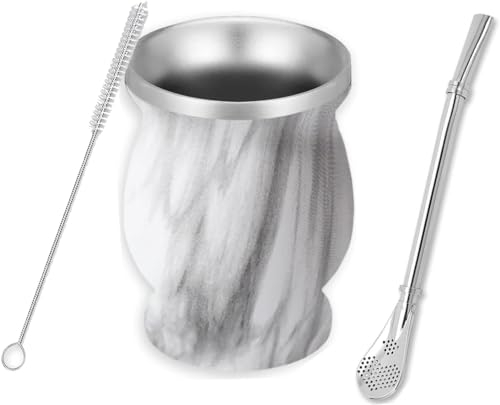 Ruikcoll Taza mate, juego de tazas de té mate, con pajita mate y cepillo de limpieza, para té mate, diseño con aislamiento de doble pared (plata moteada)