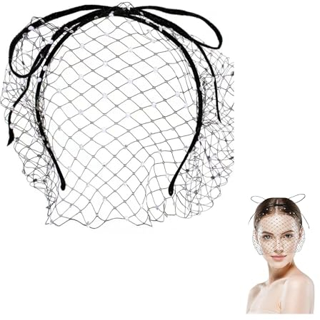 Hezhou Fascinator Mesh Schleier Fascinator Hut Schleier Stirnband Vintage Schleier Fascinator für Damen Spitze Schleier für Beerdigung, Hochzeiten (DE/NL/SE/PL, Alphanumerisch, L, XXL, Schwarz)